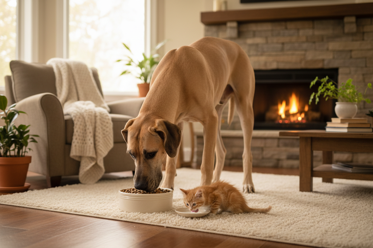 Great Dane and Kitten Feeding