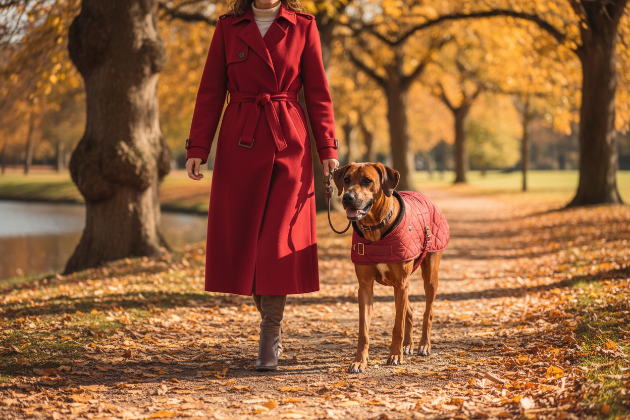 Woman and Dog in Matching Red Coats