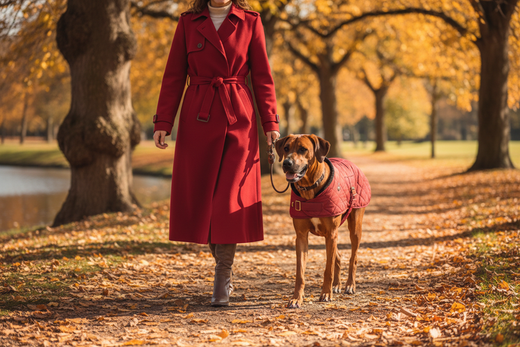 Woman and Dog in Matching Red Coats