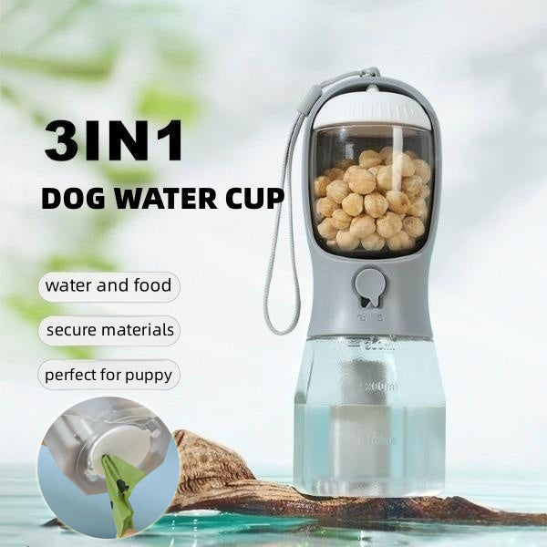 3-in-1 Pet Travel Cup — Water, Food & Waste Bag Dispenser