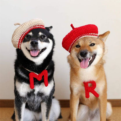 Hand-Knitted Wool Beret & Collar Set for Dogs