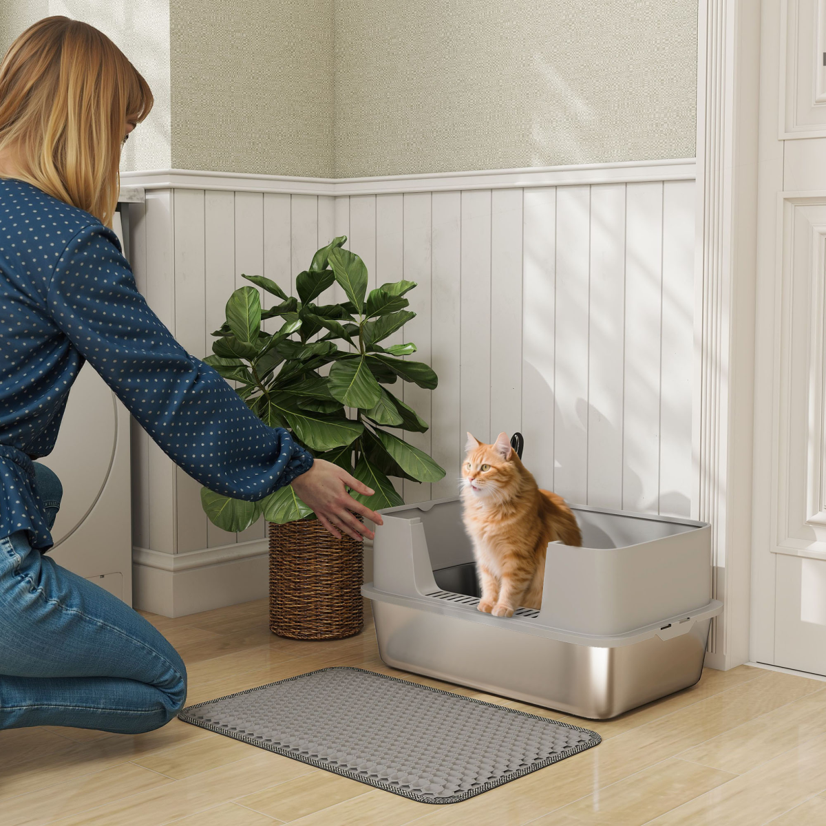 PawHut Stainless Steel High-Sided Cat Litter Tray with Scoop