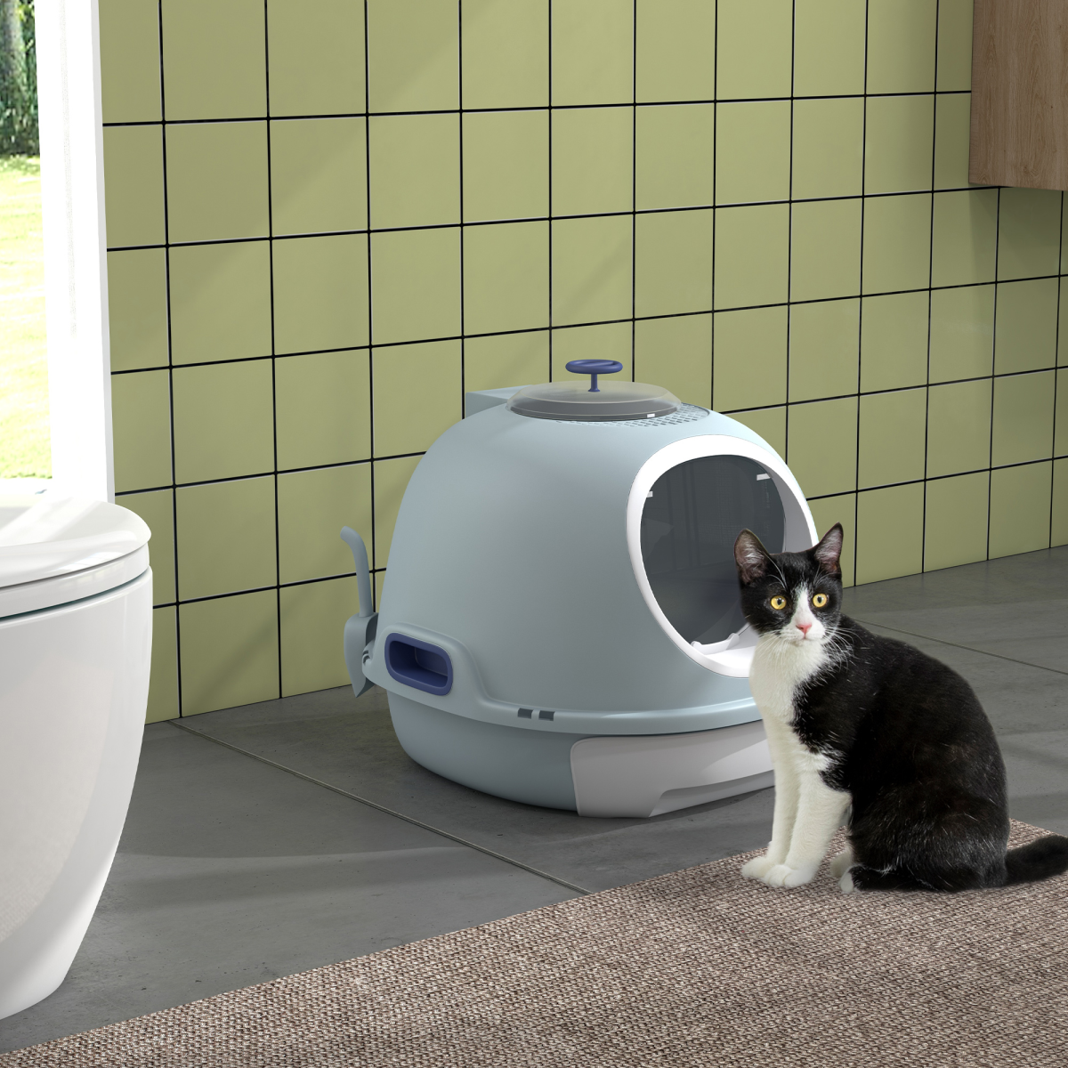 Cat Litter Box Pet Toilet With Scoop Enclosed Drawer Skylight Easy To Clean