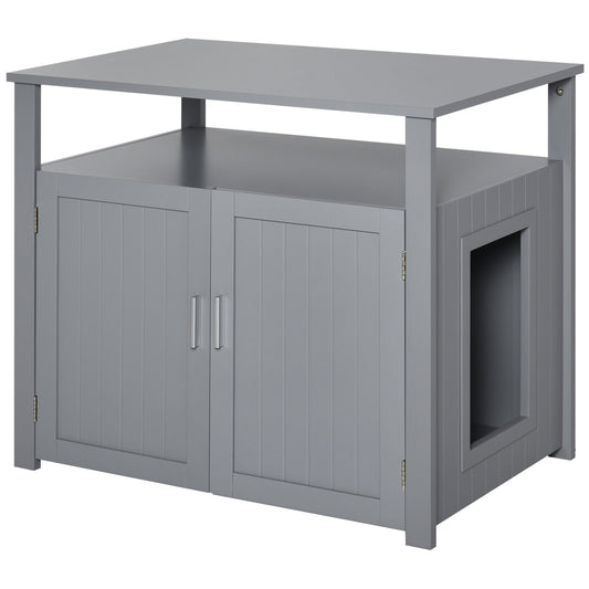 PawHut Wooden Cat Litter Box Enclosure Cabinet with Shelves & Adjustable Interior - Grey