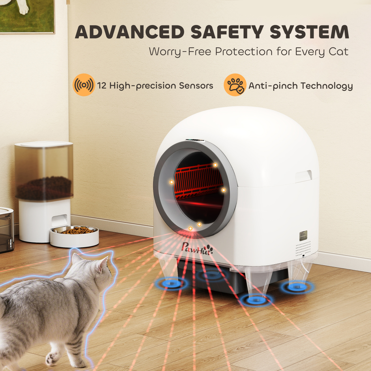 PawHut 80L Self Cleaning Cat Litter Tray with APP Control Safety Protection