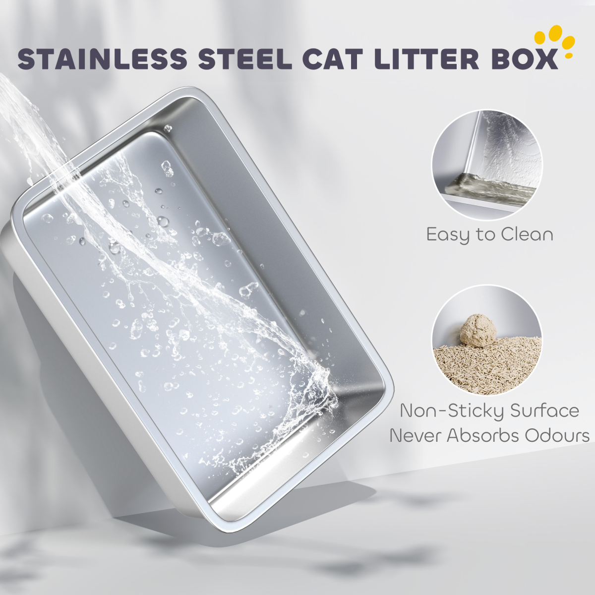 PawHut Stainless Steel High-Sided Cat Litter Tray with Scoop