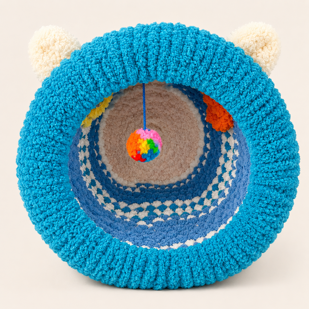Luxury Handmade Chunky Knit Cat Cave Bed with Pom-Pom Toy