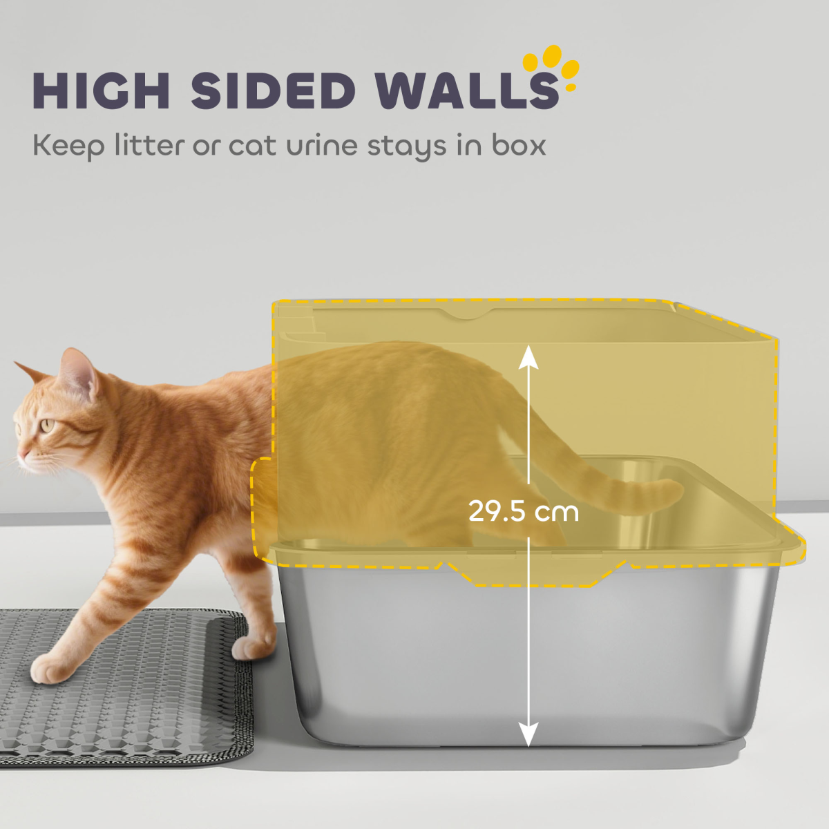 PawHut Stainless Steel High-Sided Cat Litter Tray with Scoop