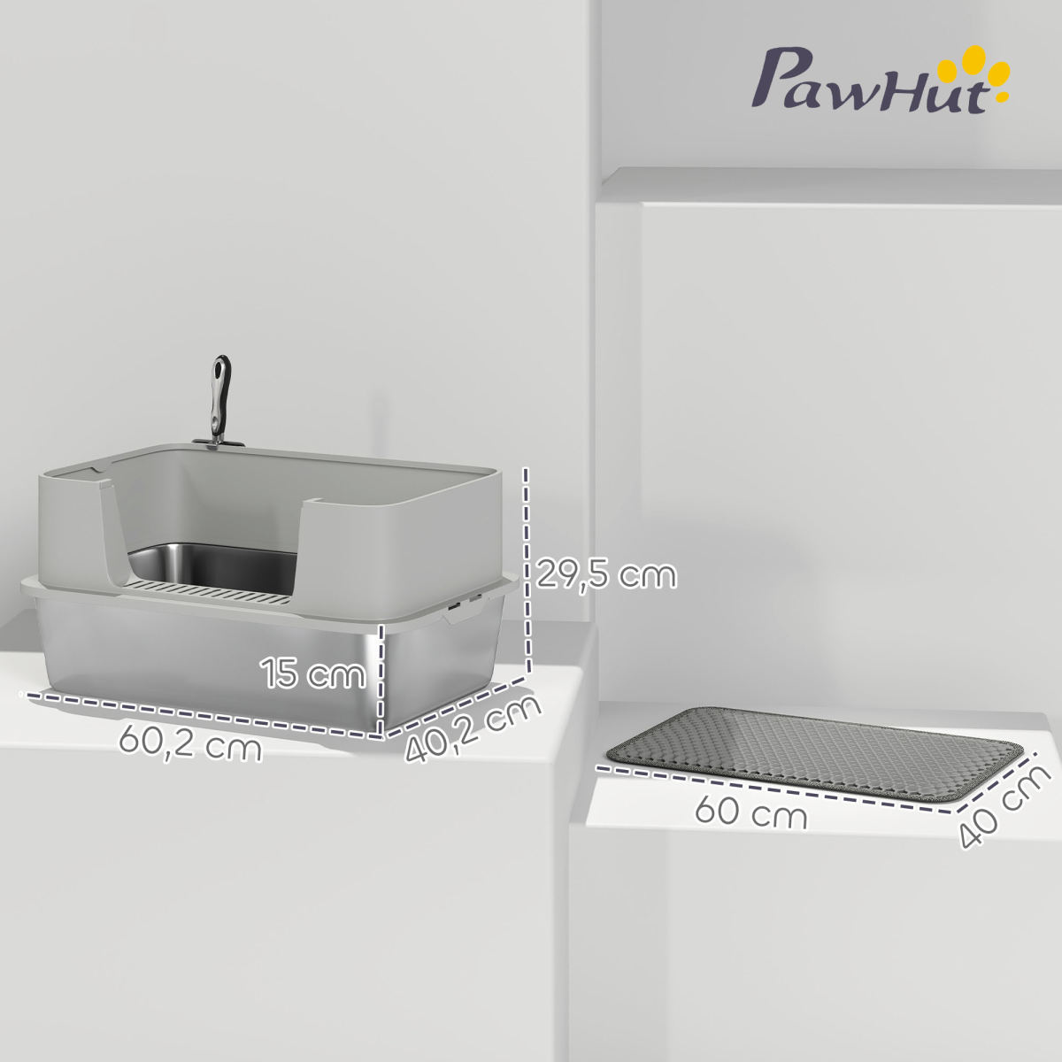 PawHut Stainless Steel High-Sided Cat Litter Tray with Scoop
