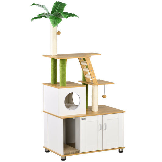 PawHut 2-in-1 Cat Tree Tower with Hidden Litter Box, House, Ladder & Scratching Posts - Oak