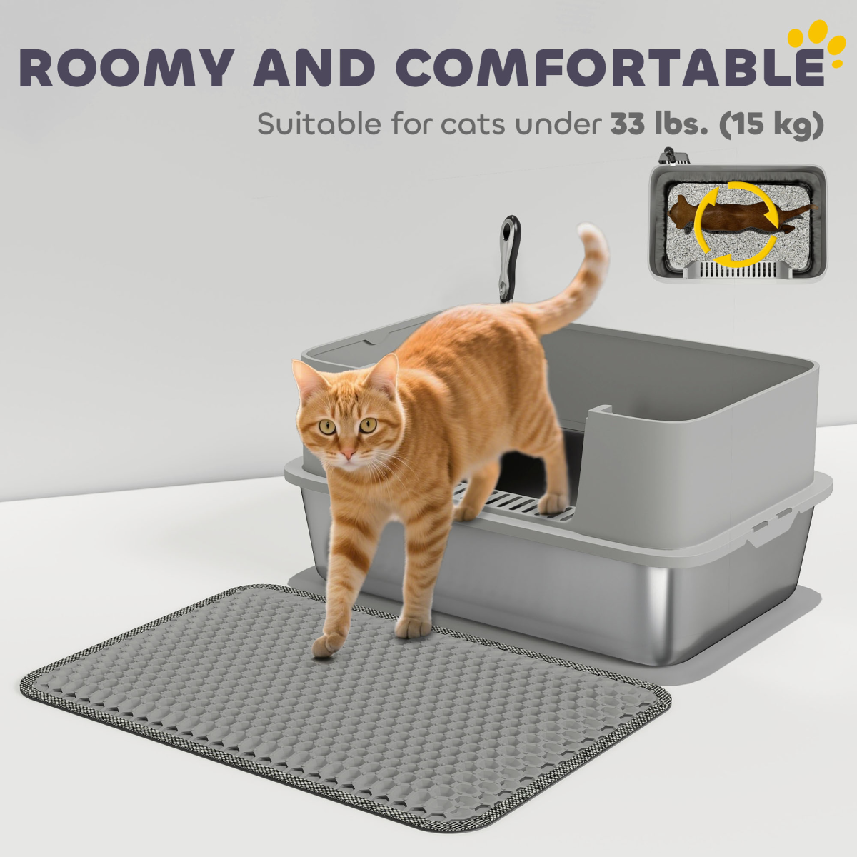 PawHut Stainless Steel High-Sided Cat Litter Tray with Scoop