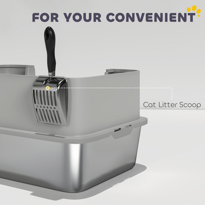 PawHut Stainless Steel High-Sided Cat Litter Tray with Scoop