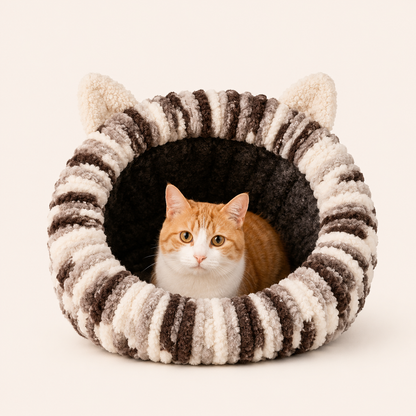 Luxury Handmade Chunky Knit Cat Cave Bed with Pom-Pom Toy
