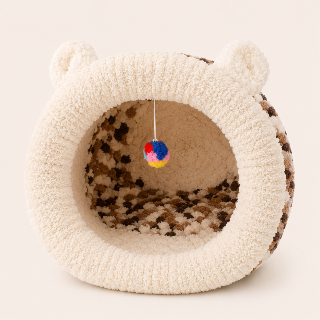 Luxury Handmade Chunky Knit Cat Cave Bed with Pom-Pom Toy