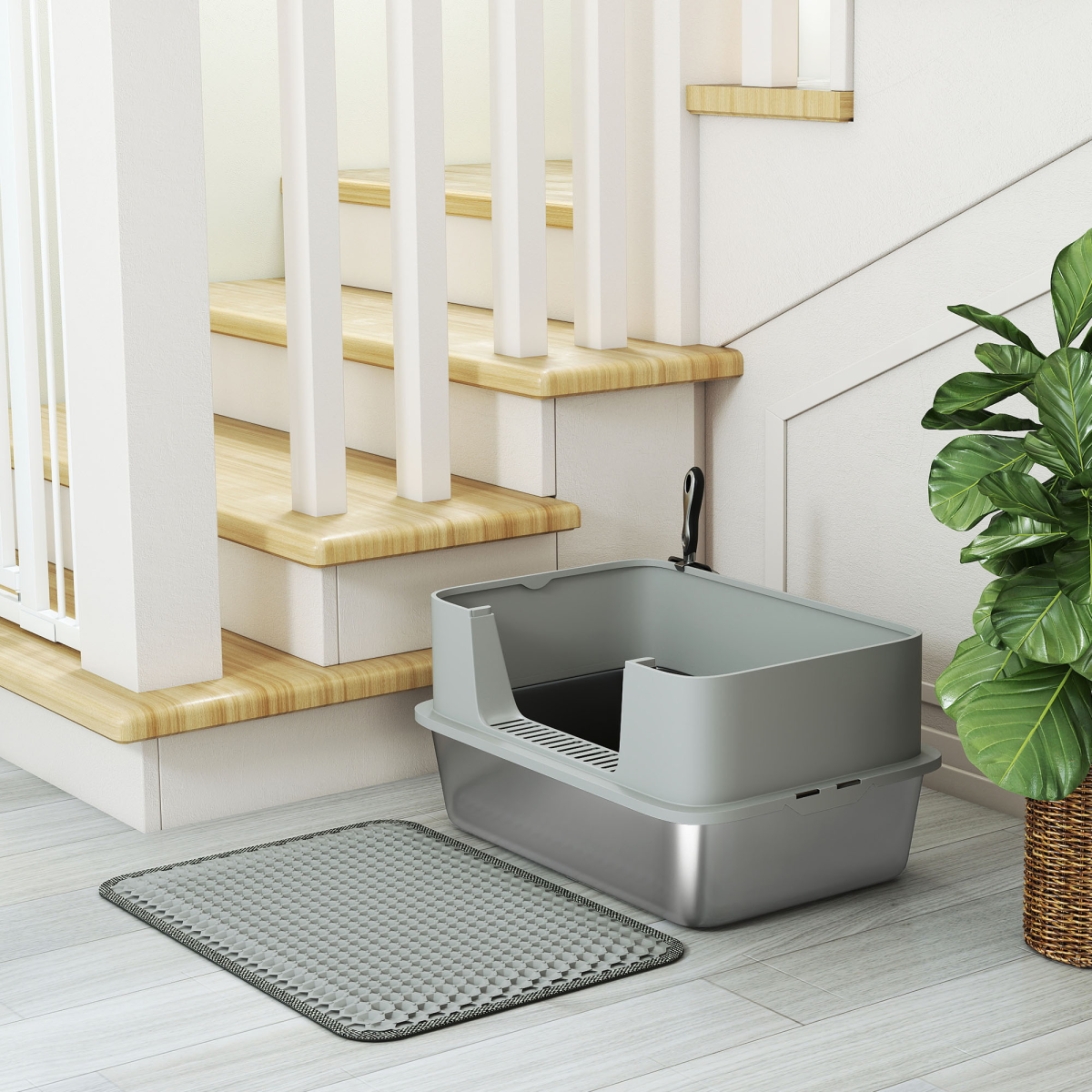 PawHut Stainless Steel High-Sided Cat Litter Tray with Scoop