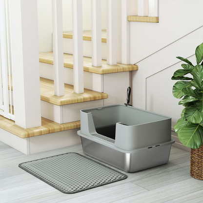 PawHut Stainless Steel High-Sided Cat Litter Tray with Scoop