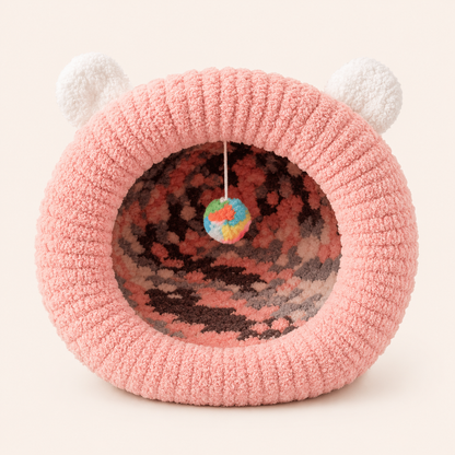 Luxury Handmade Chunky Knit Cat Cave Bed with Pom-Pom Toy