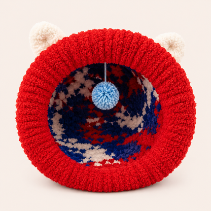 Luxury Handmade Chunky Knit Cat Cave Bed with Pom-Pom Toy
