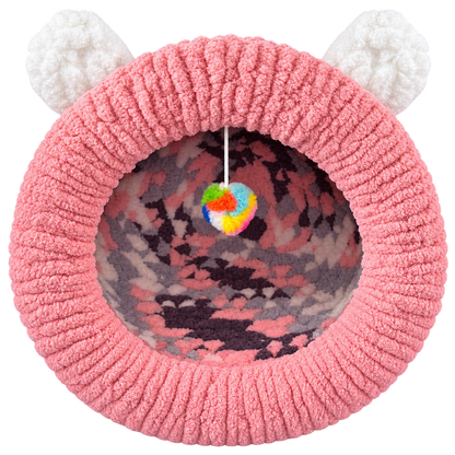 Luxury Handmade Chunky Knit Cat Cave Bed with Pom-Pom Toy