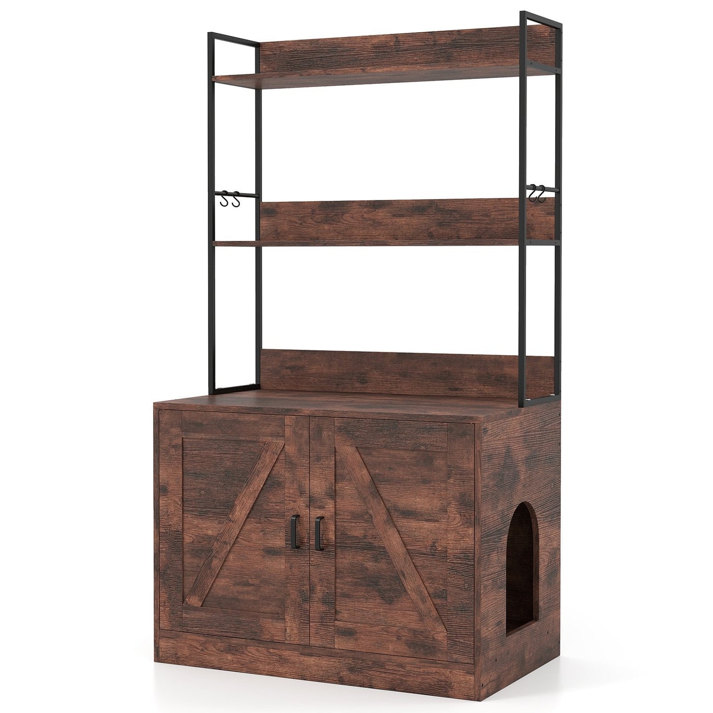 Modern Cat Litter Box Enclosure Cabinet with 3-Tier Shelves Metal Frame-Brown
