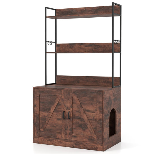 Modern Cat Litter Box Enclosure Cabinet with 3-Tier Shelves & Metal Frame - Brown