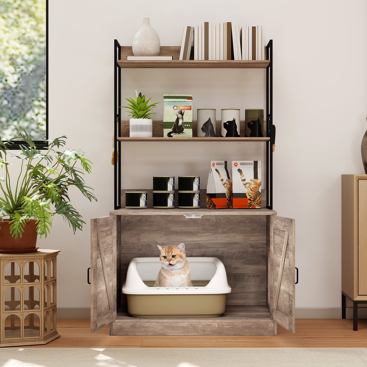 Modern Cat Litter Box Enclosure Cabinet with 3-Tier Shelves Metal Frame-Brown