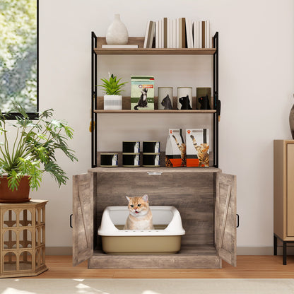 Modern Cat Litter Box Enclosure Cabinet with 3-Tier Shelves Metal Frame-Brown