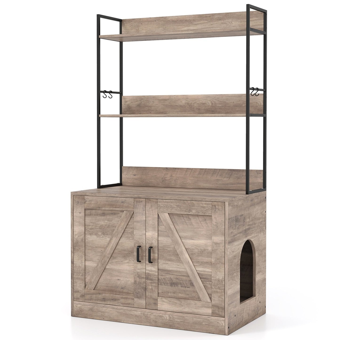 Modern Cat Litter Box Enclosure Cabinet with 3-Tier Shelves Metal Frame-Brown