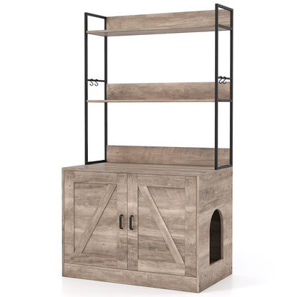 Modern Cat Litter Box Enclosure Cabinet with 3-Tier Shelves Metal Frame-Brown