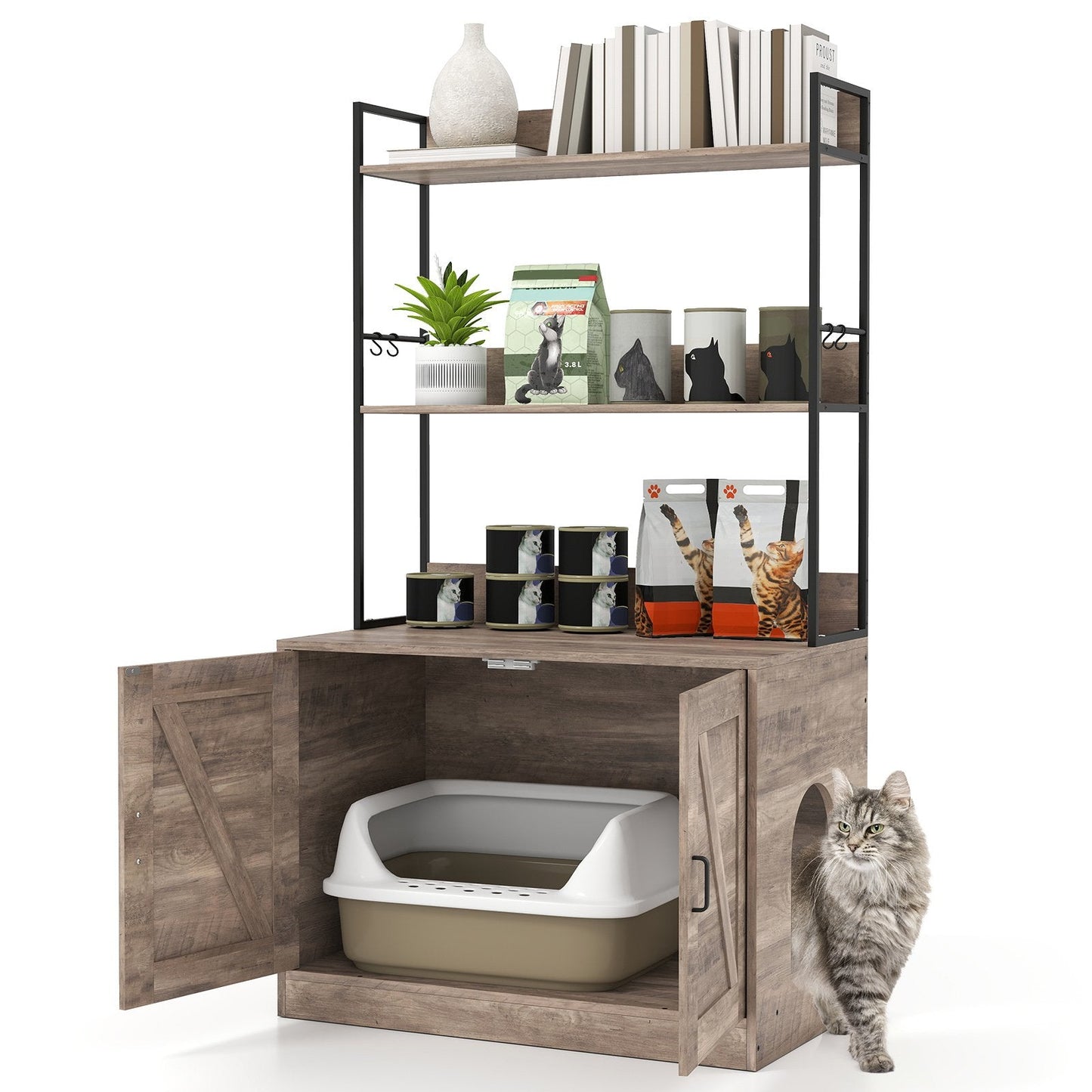 Modern Cat Litter Box Enclosure Cabinet with 3-Tier Shelves Metal Frame-Brown