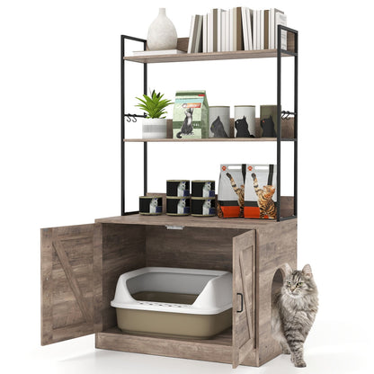 Modern Cat Litter Box Enclosure Cabinet with 3-Tier Shelves Metal Frame-Brown