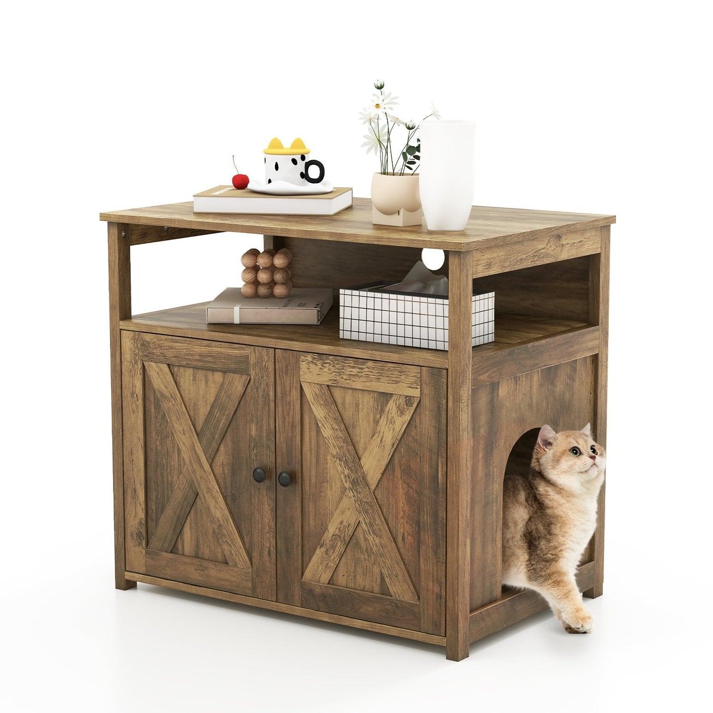 Cat Litter Box Enclosure with Doors and Side Entrance-Oak