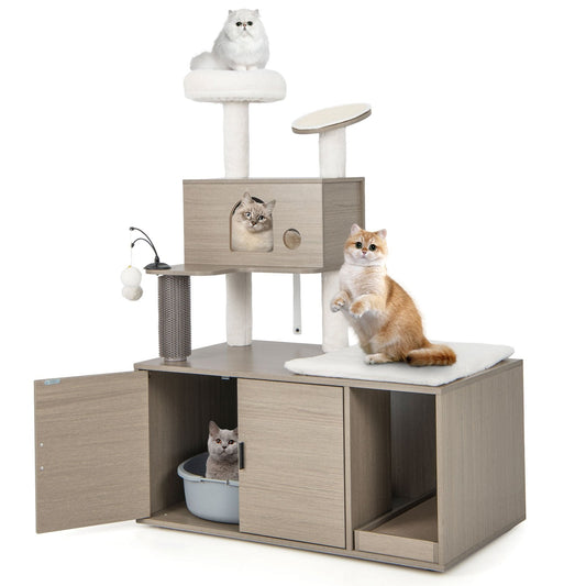 132cm Cat Tree Tower with Hidden Litter Box Enclosure, Condo, Scratching Board & Self-Groomer - Grey