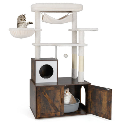 153cm Tall Cat Tree with Litter Box Enclosur Scratching Posts and Hammock-Rustic Brown