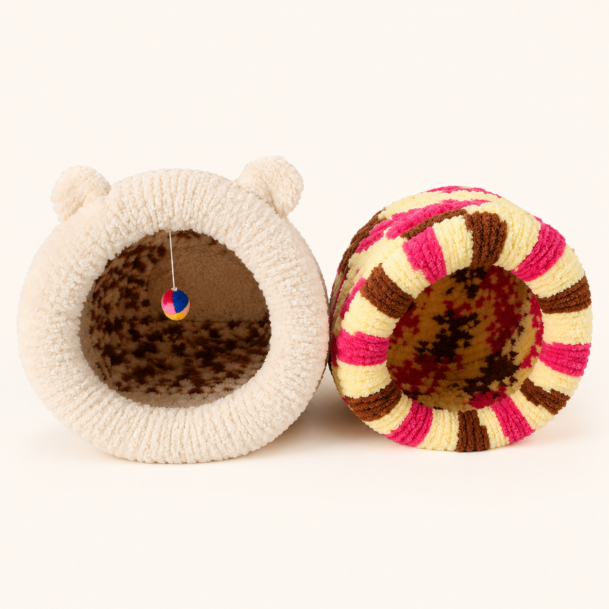 Luxury Handmade Chunky Knit Cat Cave Bed with Pom-Pom Toy