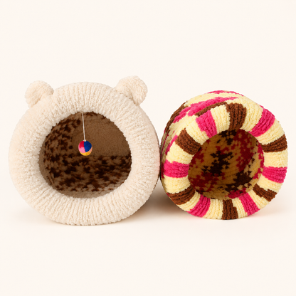 Luxury Handmade Chunky Knit Cat Cave Bed with Pom-Pom Toy