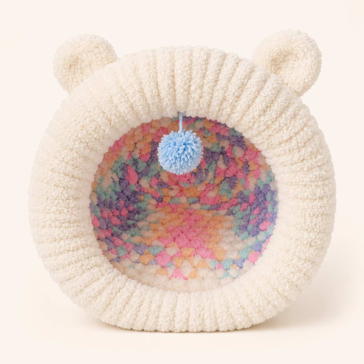 Luxury Handmade Chunky Knit Cat Cave Bed with Pom-Pom Toy