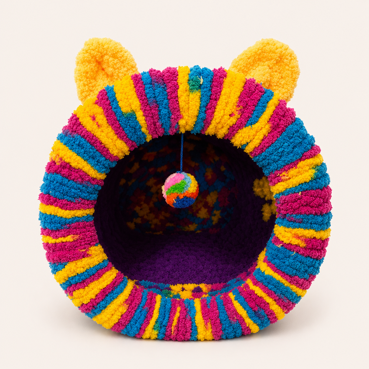 Luxury Handmade Chunky Knit Cat Cave Bed with Pom-Pom Toy