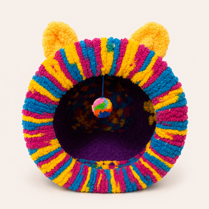 Luxury Handmade Chunky Knit Cat Cave Bed with Pom-Pom Toy