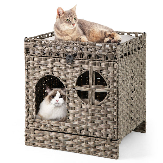 Foldable 2-Tier Rattan Cat Litter Box Enclosure with Perch & Litter Mat - Grey