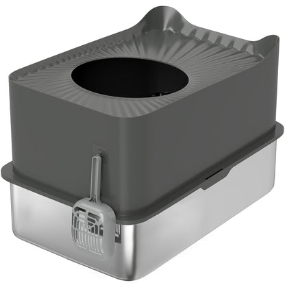 PawHut Stainless Steel Cat Litter Tray, Extra Large Enclosed Litter Box with Scoop, Top Entrance, Non-slip Pads, Dark Grey