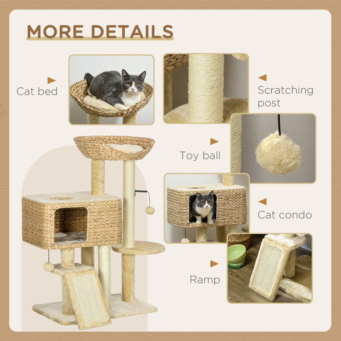 PawHut 95cm Cat Tree Tower for Indoor Cats, with Scratching Post, Cat House, Toy Ball, Platform - Beige