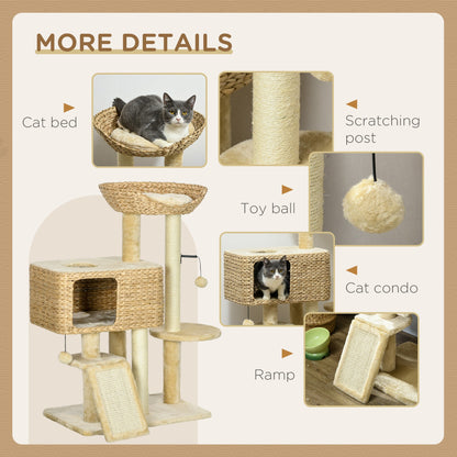 PawHut 95cm Cat Tree Tower for Indoor Cats, with Scratching Post, Cat House, Toy Ball, Platform - Beige