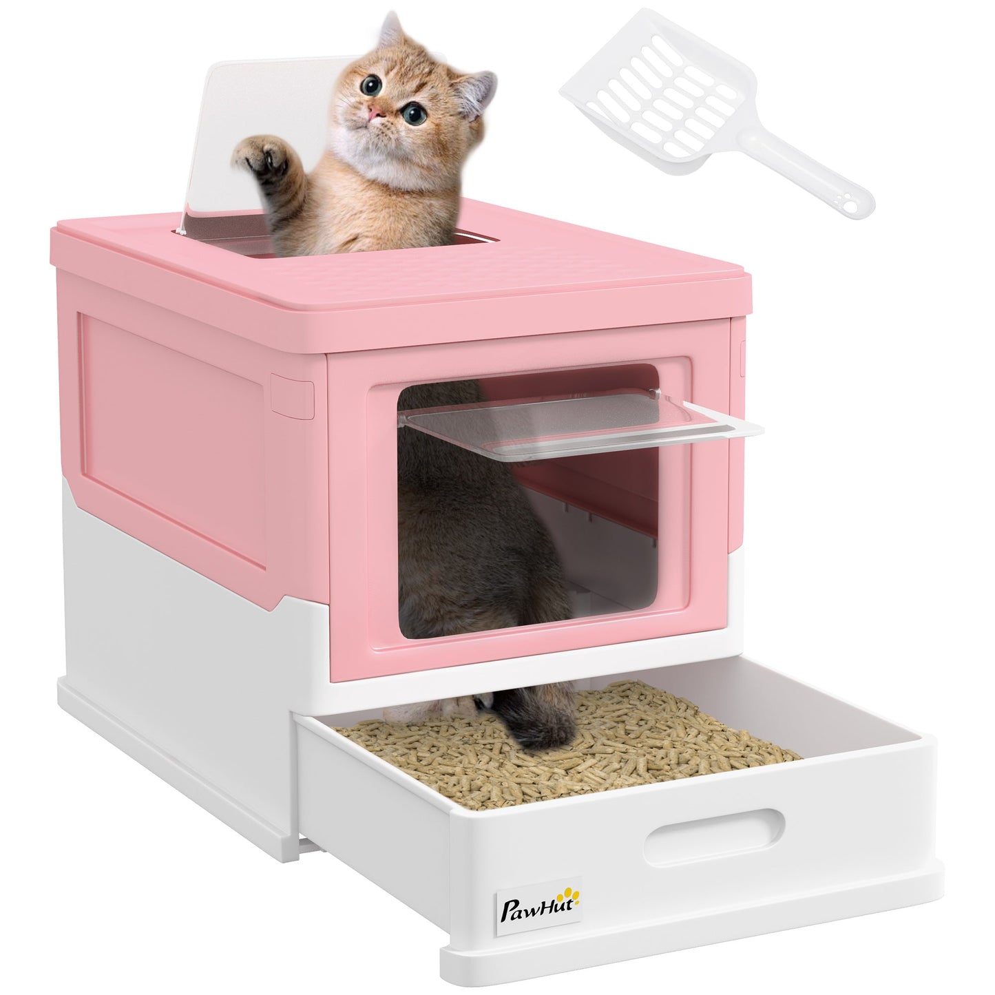 PawHut Hooded Cat Litter Box, Pet Toilet w/ Scoop, Tray