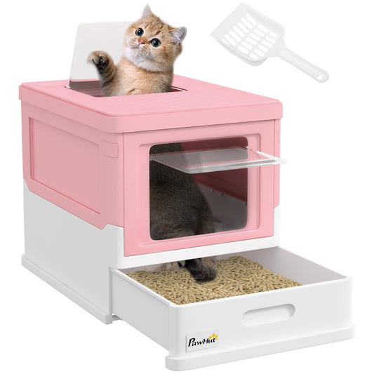 PawHut Front-Entry Top-Exit Hooded Cat Litter Box with Scoop - Pink