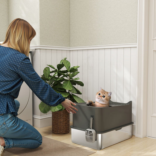 PawHut Extra Large Stainless Steel Enclosed Cat Litter Box with Top Entrance & Scoop - Dark Grey