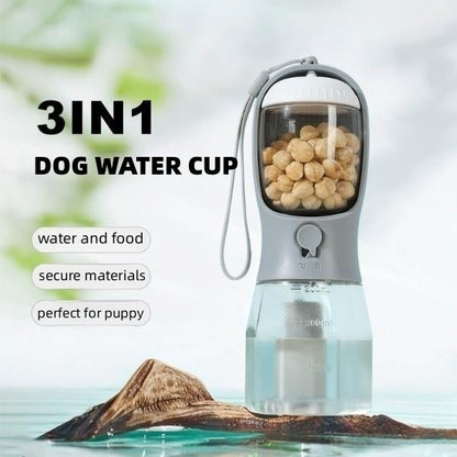 3-in-1 Pet Travel Cup — Water, Food & Waste Bag Dispenser
