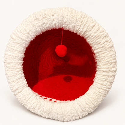 Luxury Handmade Chunky Knit Cat Cave Bed with Pom-Pom Toy
