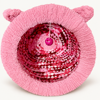 Luxury Handmade Chunky Knit Cat Cave Bed with Pom-Pom Toy