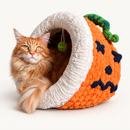 Luxury Handmade Chunky Knit Cat Cave Bed with Pom-Pom Toy